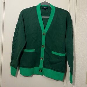 MONROW Cardigan‎ Sweater XS Green Knit Cable Sleeve Pockets Womenswear